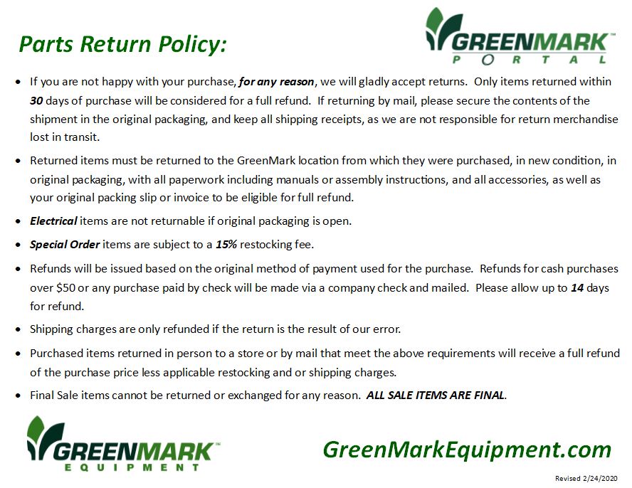 Parts Return Policy Greenmark Equipment